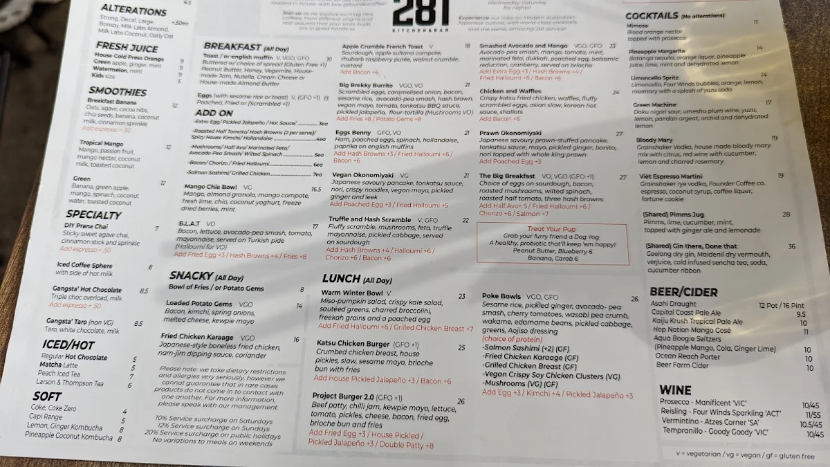 Menu, Project 281 Coffee Roasters