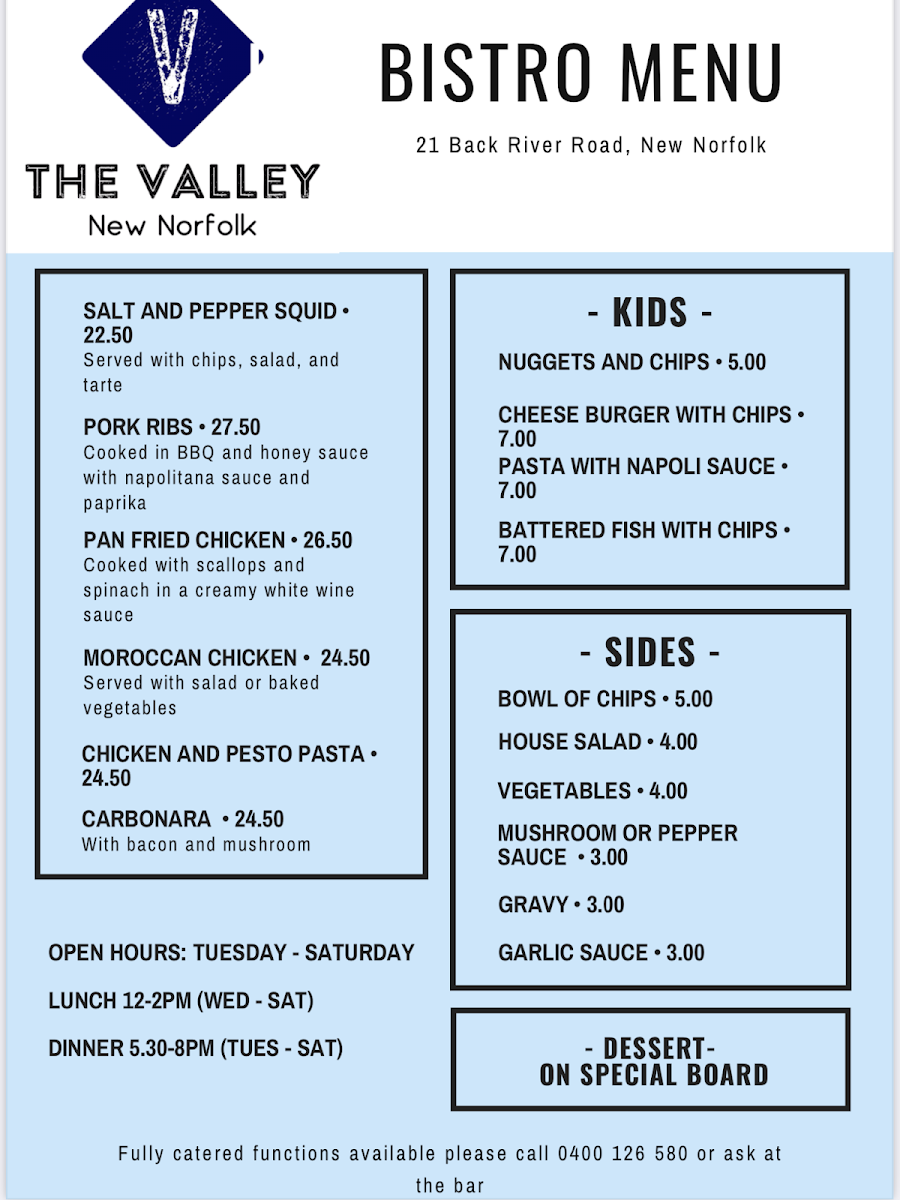 Menu, The Valley Sports Bar