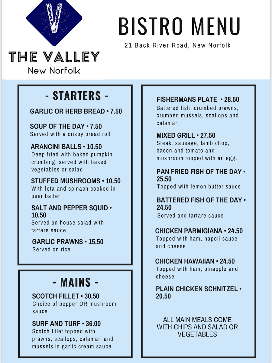 Menu, The Valley Sports Bar