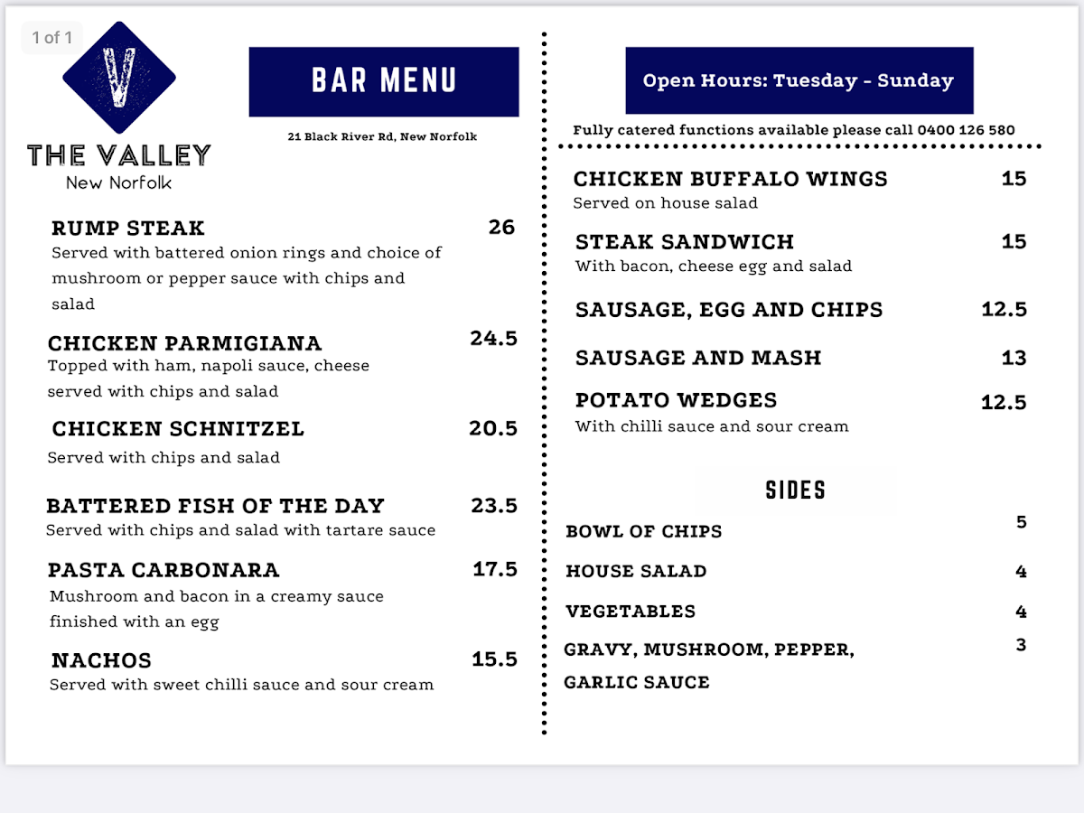 Menu, The Valley Sports Bar