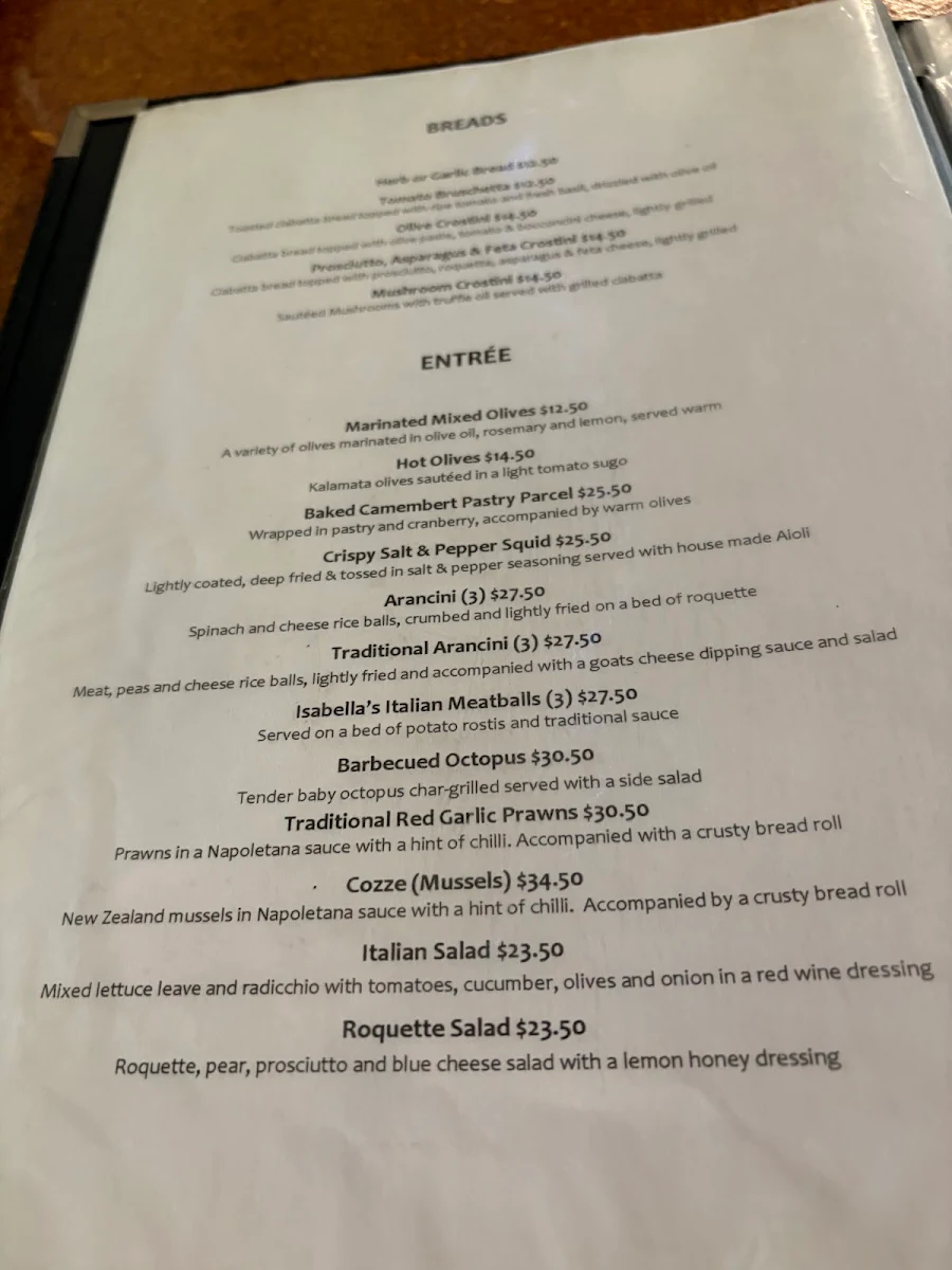 Menu, Isabella's Trattoria