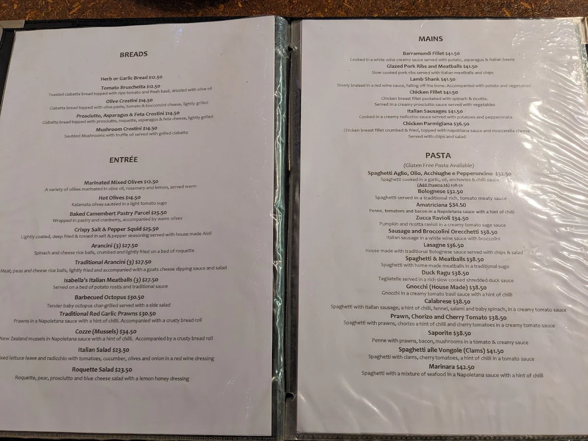 Menu, Isabella's Trattoria
