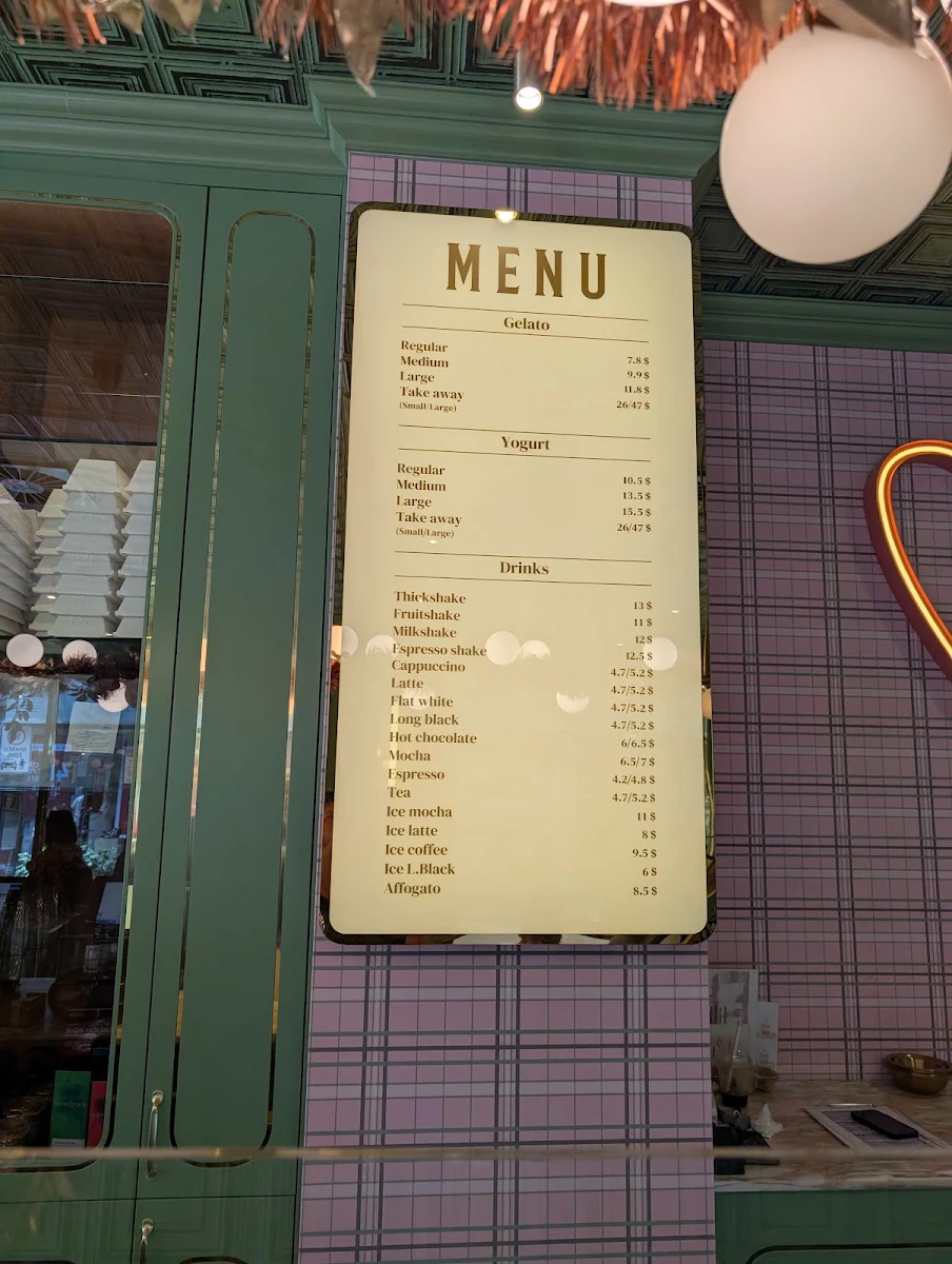Menu, Anita Gelato Melbourne