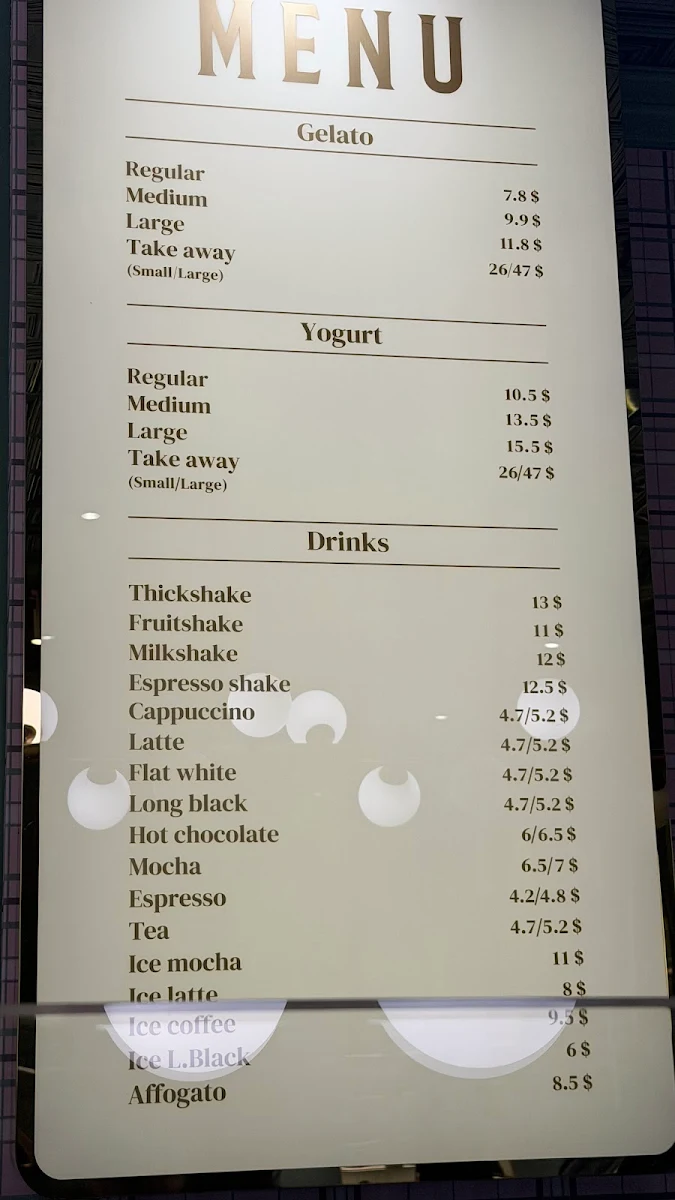 Menu, Anita Gelato Melbourne