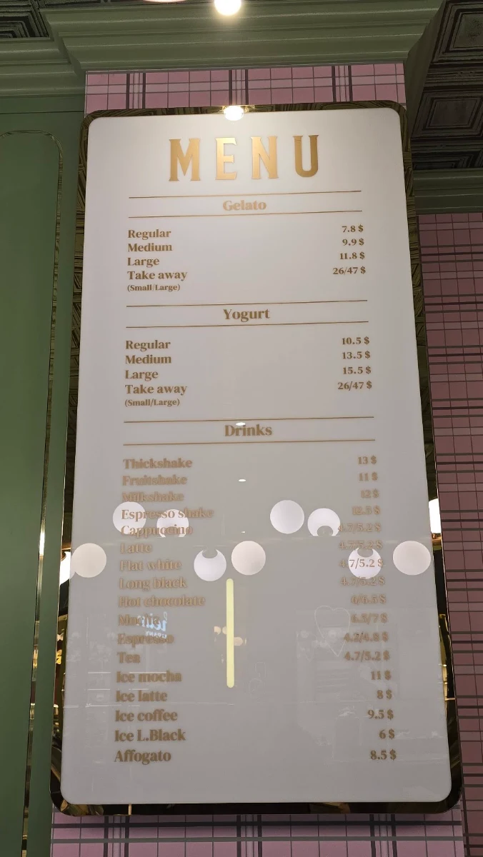 Menu, Anita Gelato Melbourne