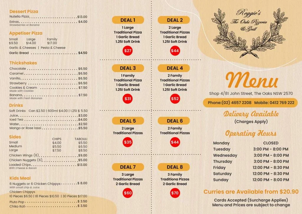Menu, Reggie's The Oaks Pizzeria & Grill
