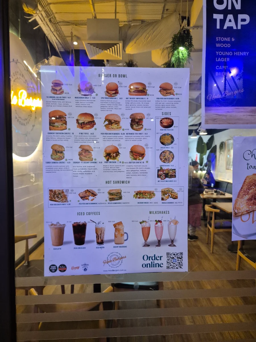Menu, Hale Burgers