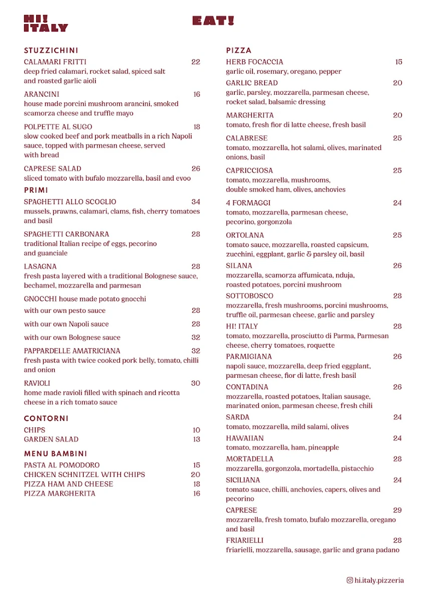 Menu, Hi Italy Pizzeria