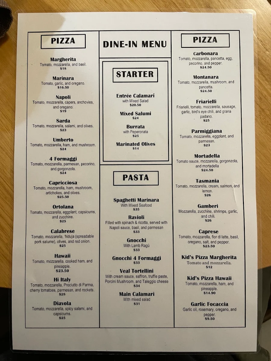 Menu, Hi Italy Pizzeria