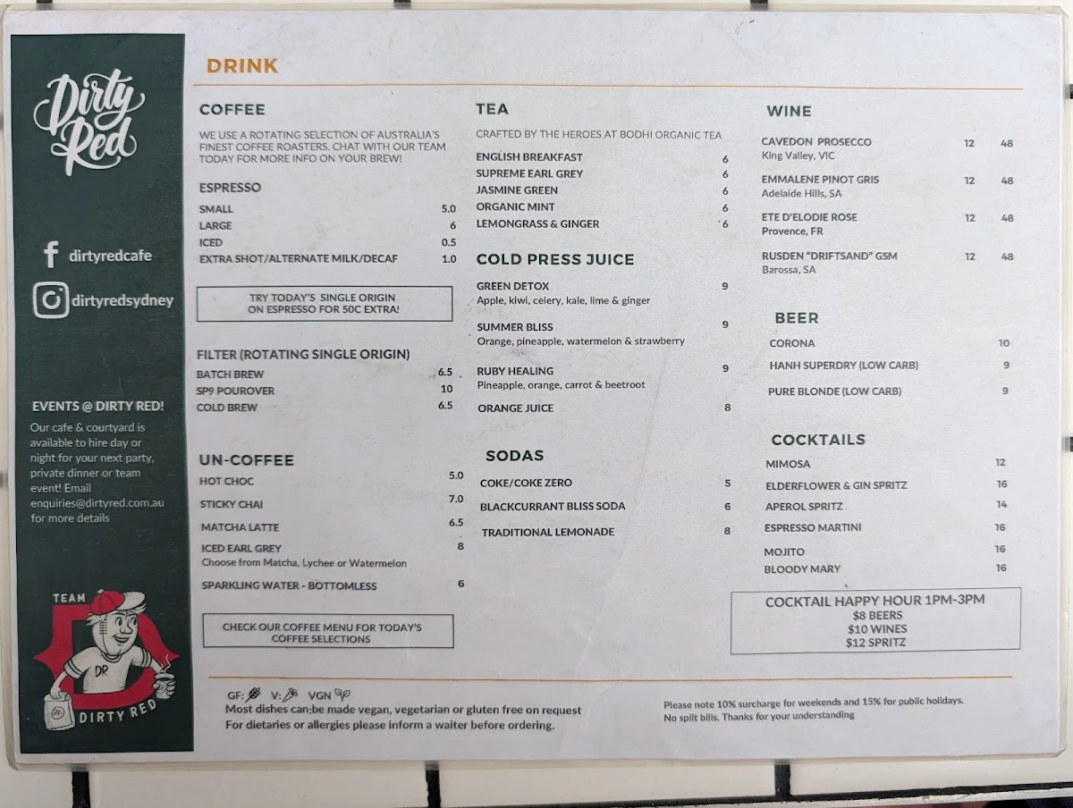 Menu, Dirty Red Glebe