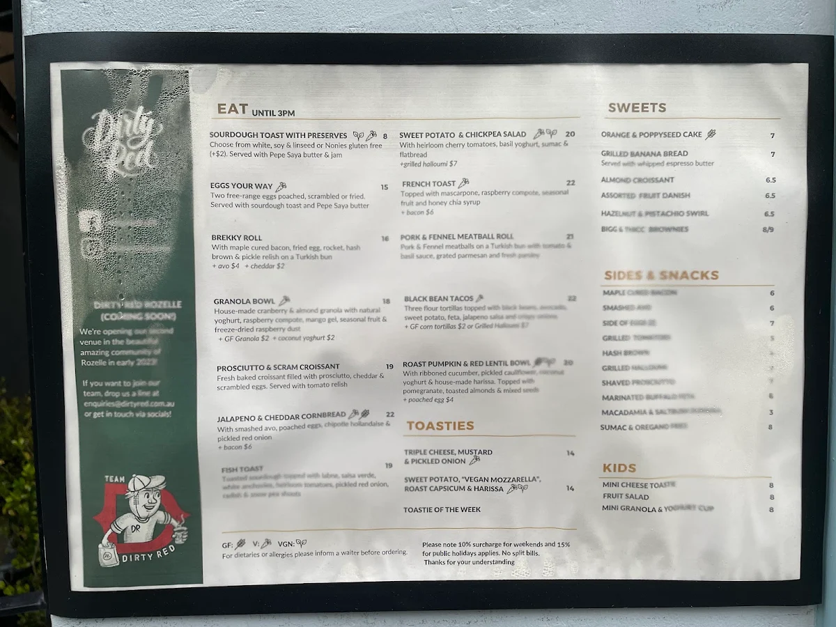 Menu, Dirty Red Glebe
