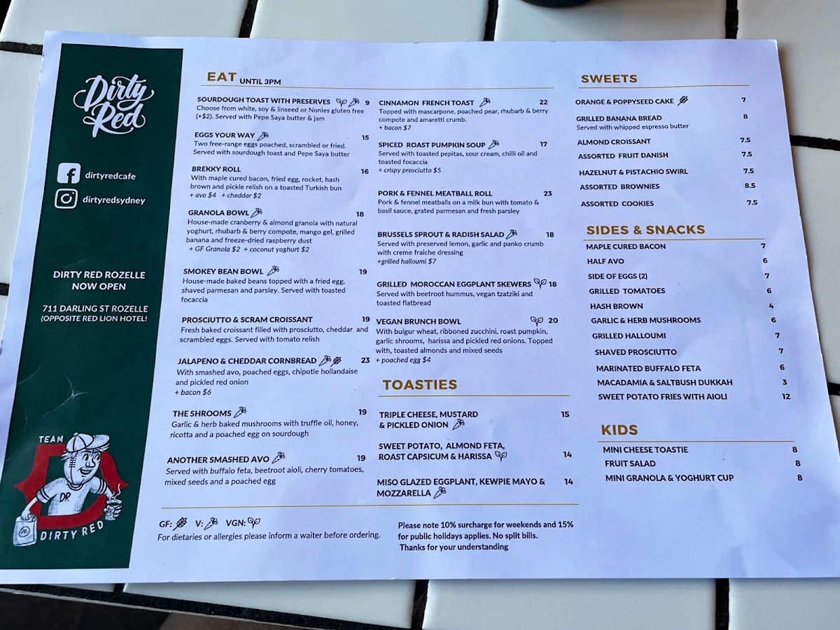 Menu, Dirty Red Glebe