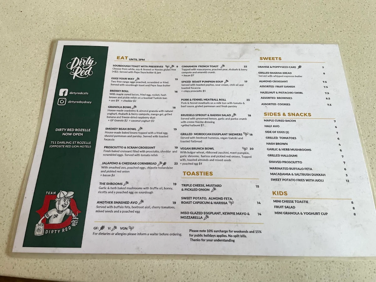 Menu, Dirty Red Glebe