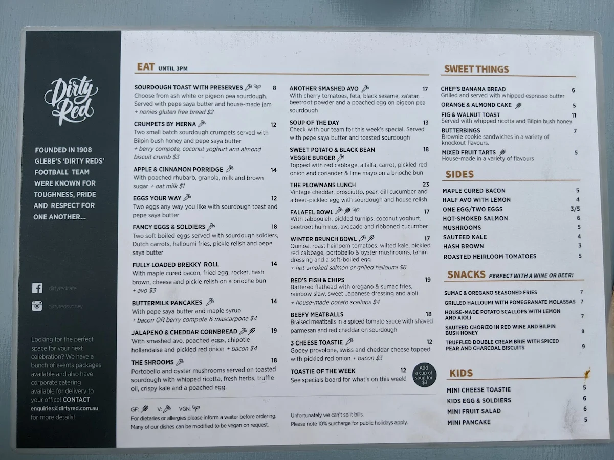 Menu, Dirty Red Glebe