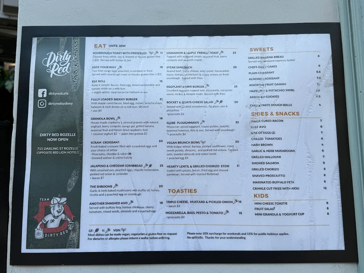 Menu, Dirty Red Glebe