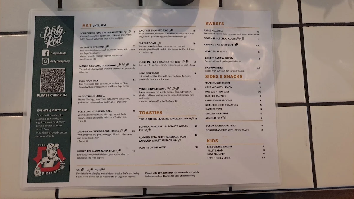Menu, Dirty Red Glebe