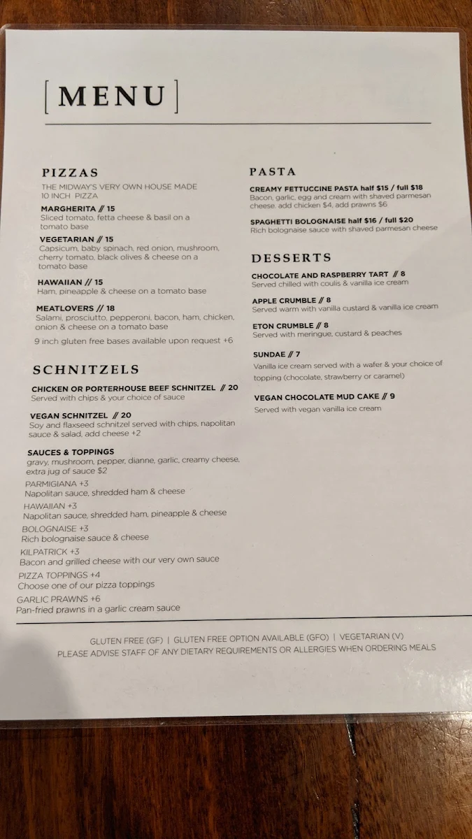 Menu, Midway Tavern