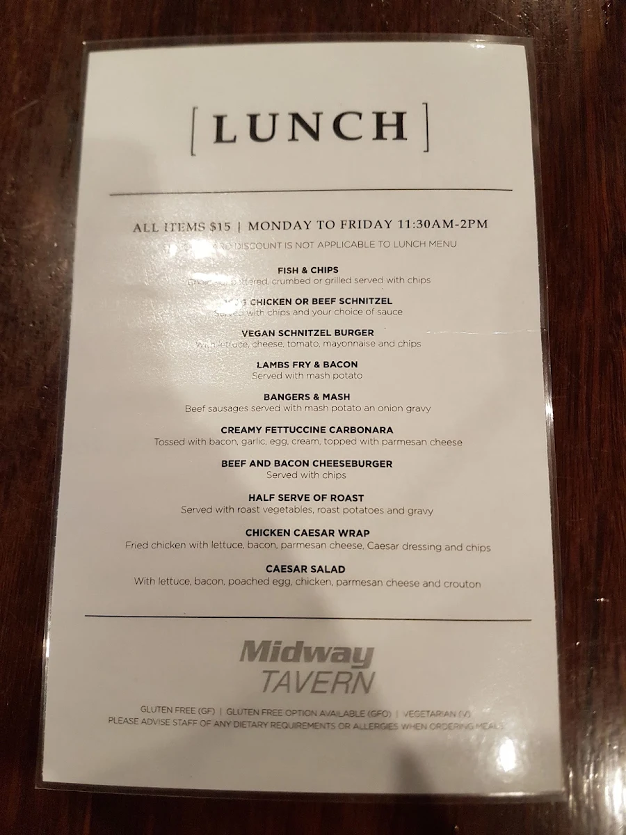 Menu, Midway Tavern