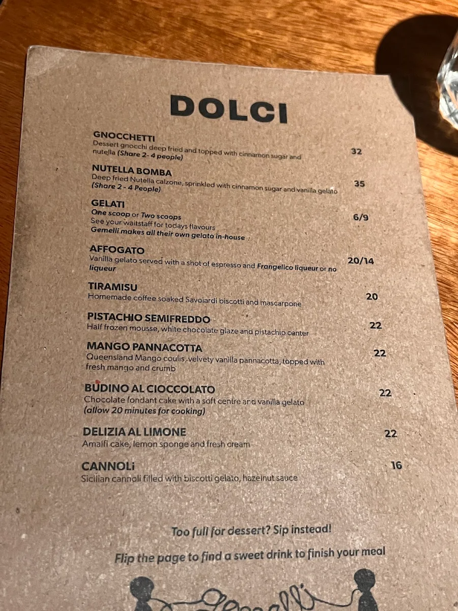 Menu, Gemelli Italian James St