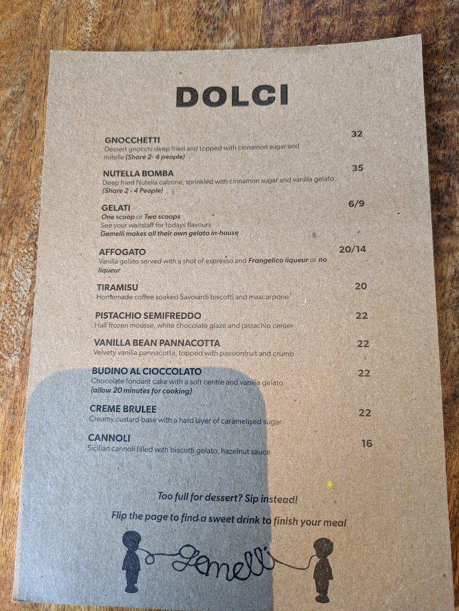 Menu, Gemelli Italian James St
