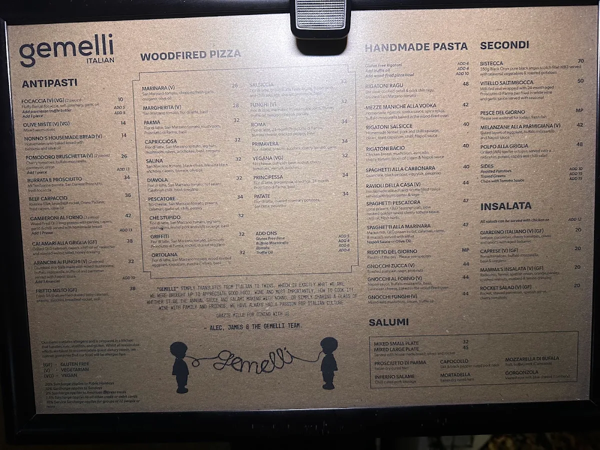 Menu, Gemelli Italian James St
