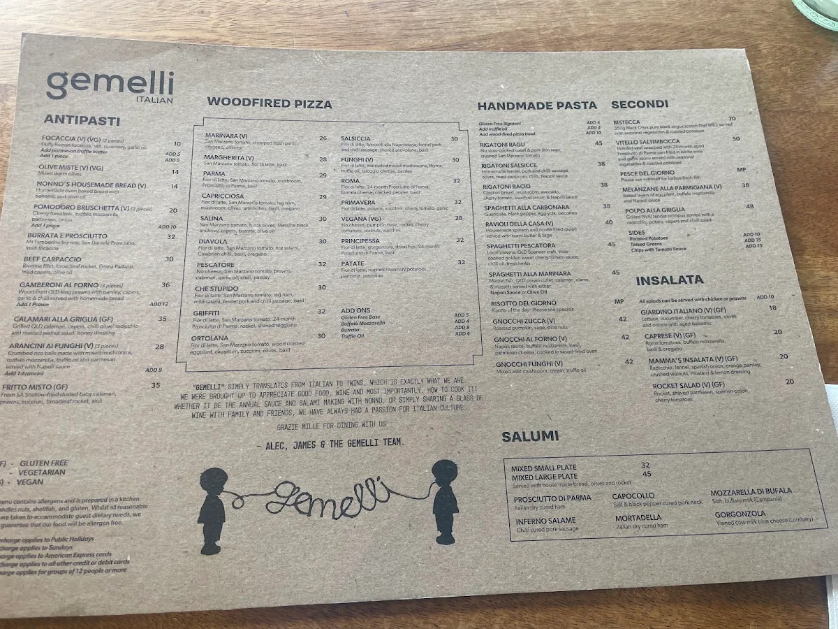 Menu, Gemelli Italian James St