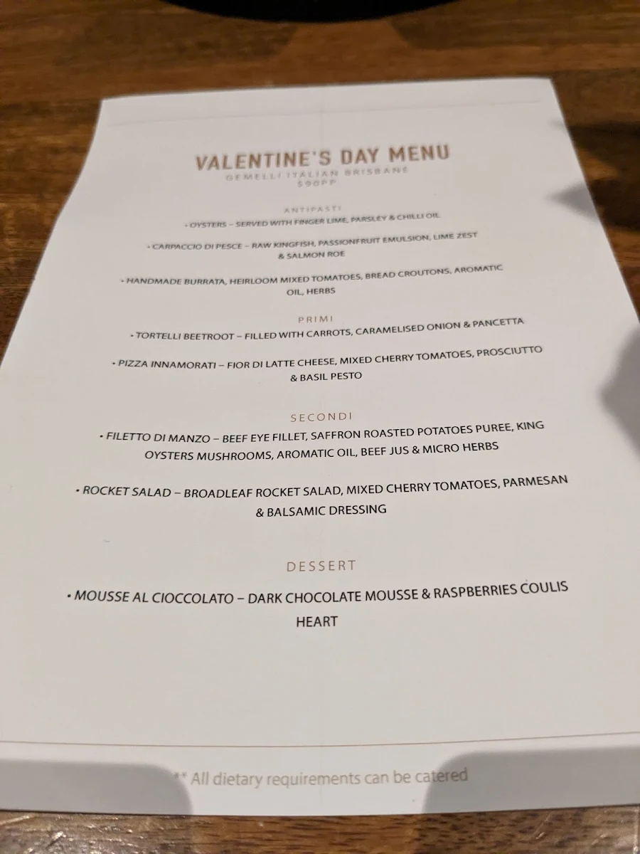 Menu, Gemelli Italian James St