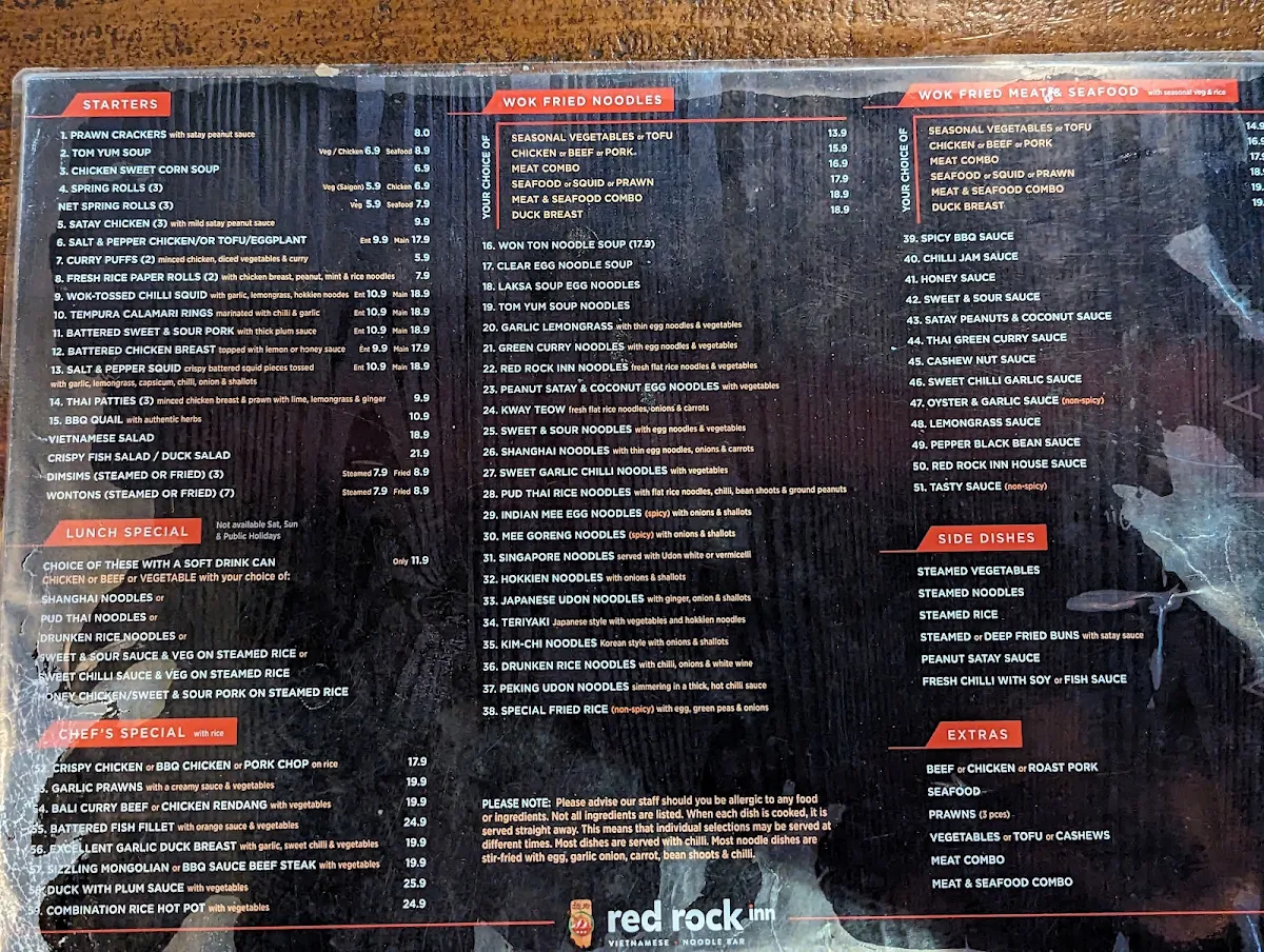 Menu, Red Rock Noodle Bar