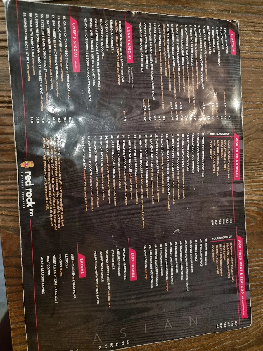 Menu, Red Rock Noodle Bar