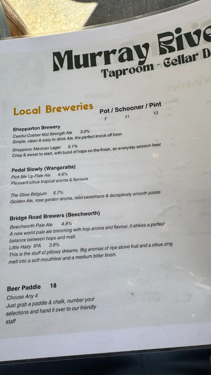 Menu, Murray River Brews