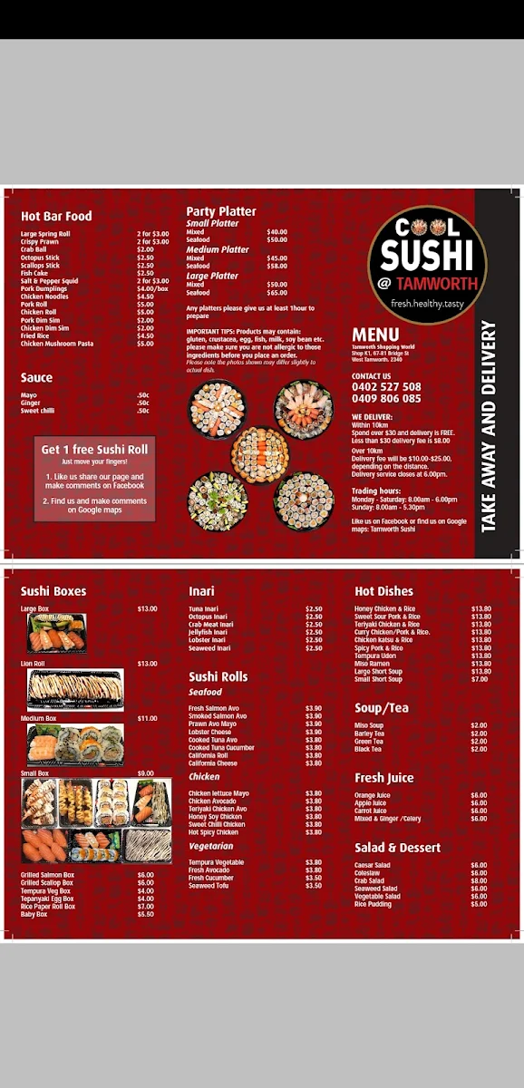 Menu, Tamworth Sushi