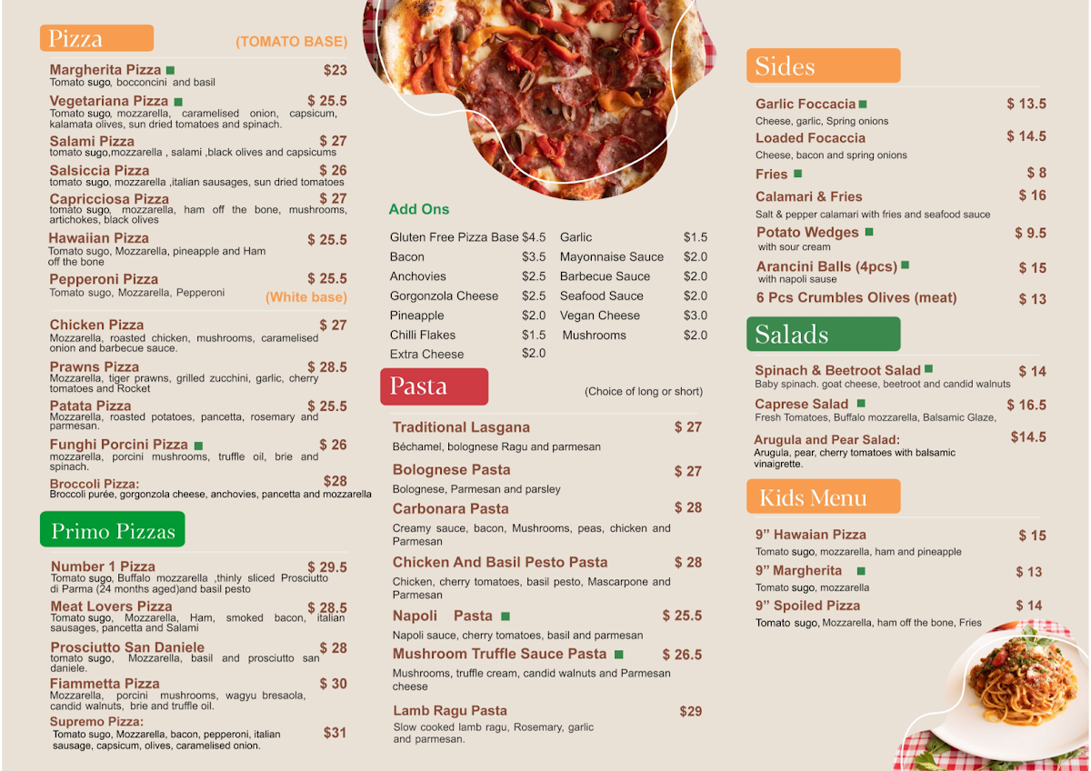 Menu, Fiammetta Pizzeria