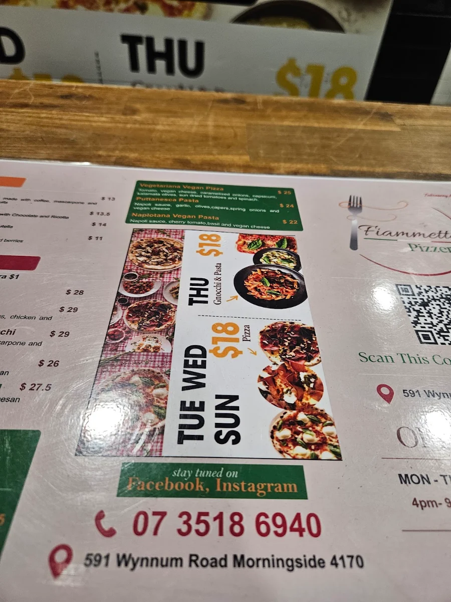 Menu, Fiammetta Pizzeria