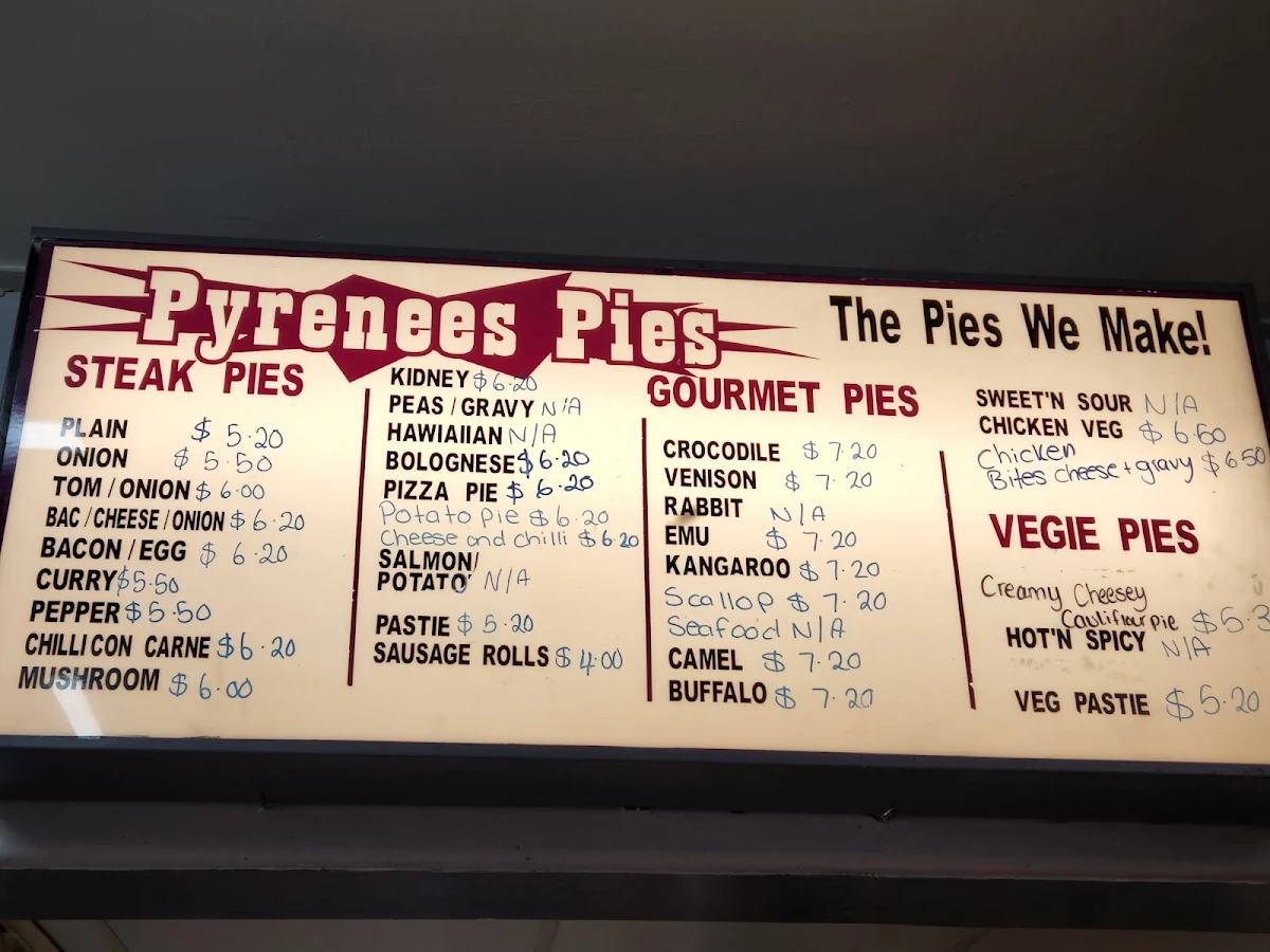 Menu, Pyrenees Pies & Takeaway