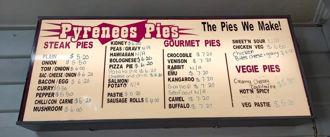 Menu, Pyrenees Pies & Takeaway