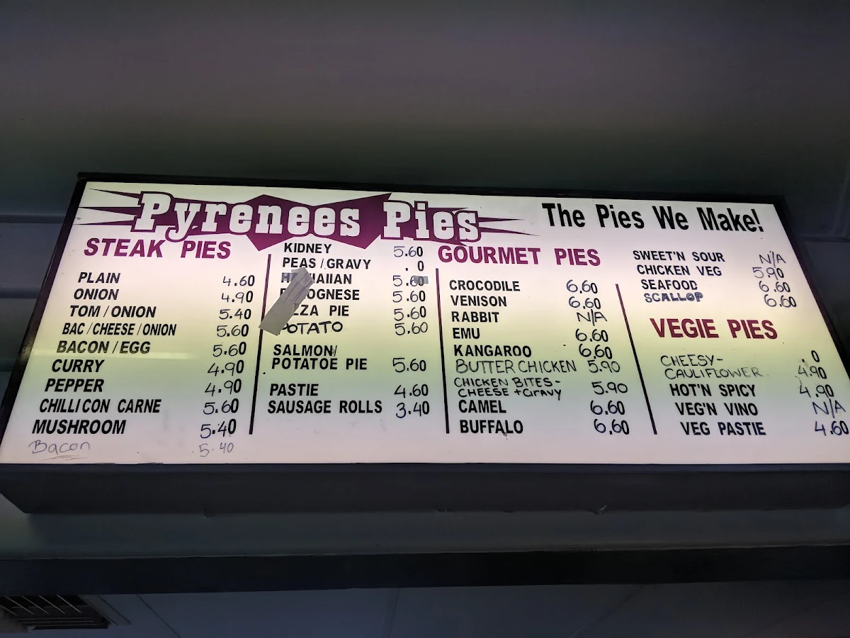 Menu, Pyrenees Pies & Takeaway