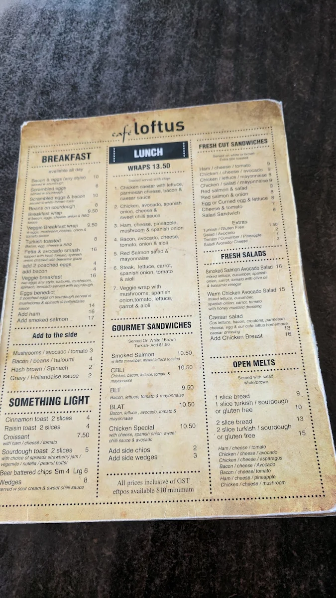 Menu, Cafe Loftus