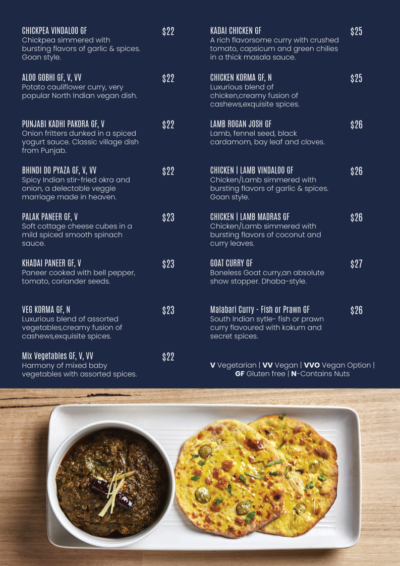 Menu, Masti Indian Restaurant Melbourne
