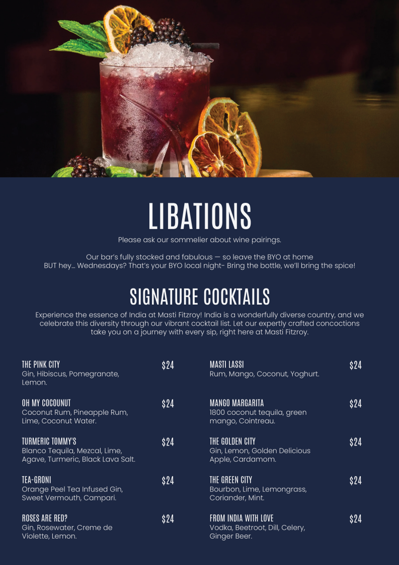 Menu, Masti Indian Restaurant Melbourne