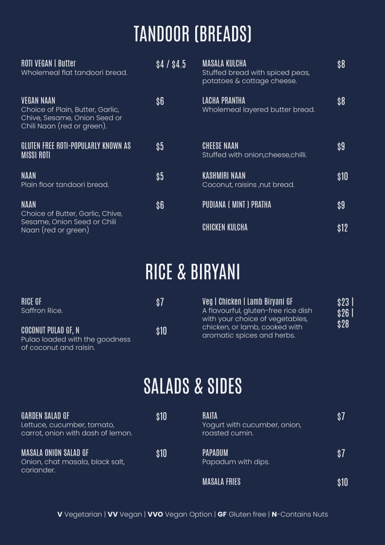 Menu, Masti Indian Restaurant Melbourne