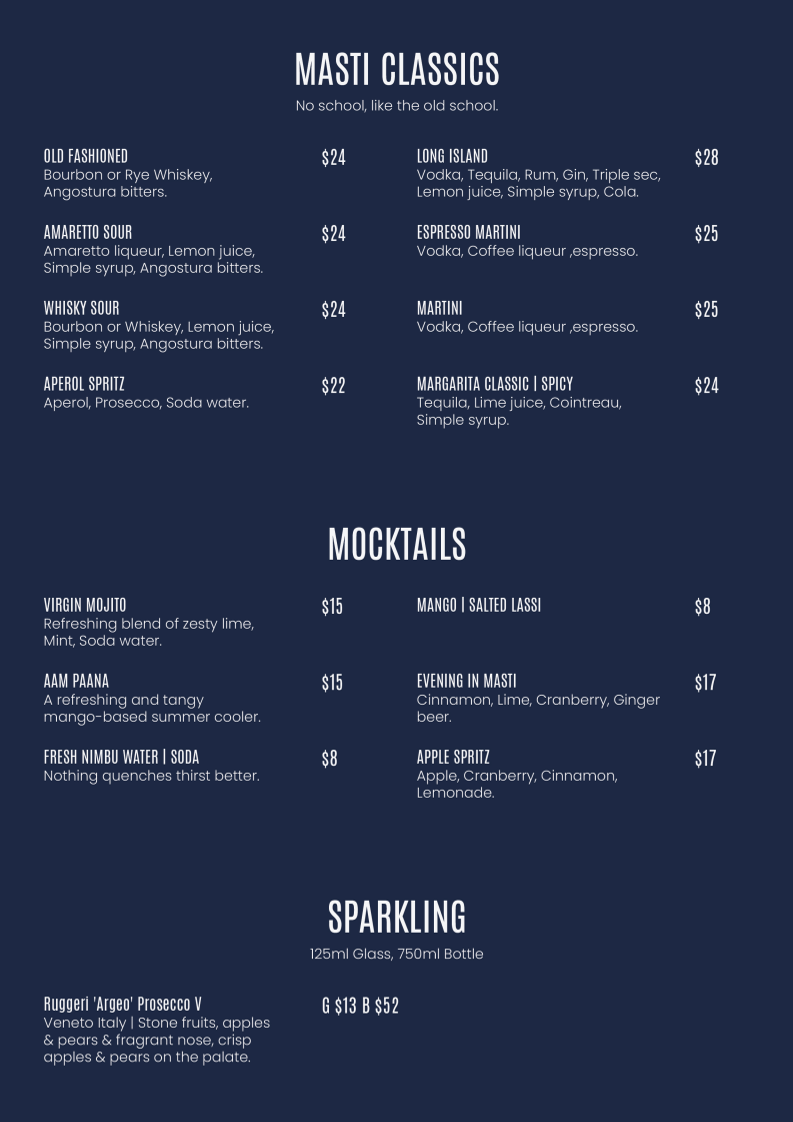 Menu, Masti Indian Restaurant Melbourne