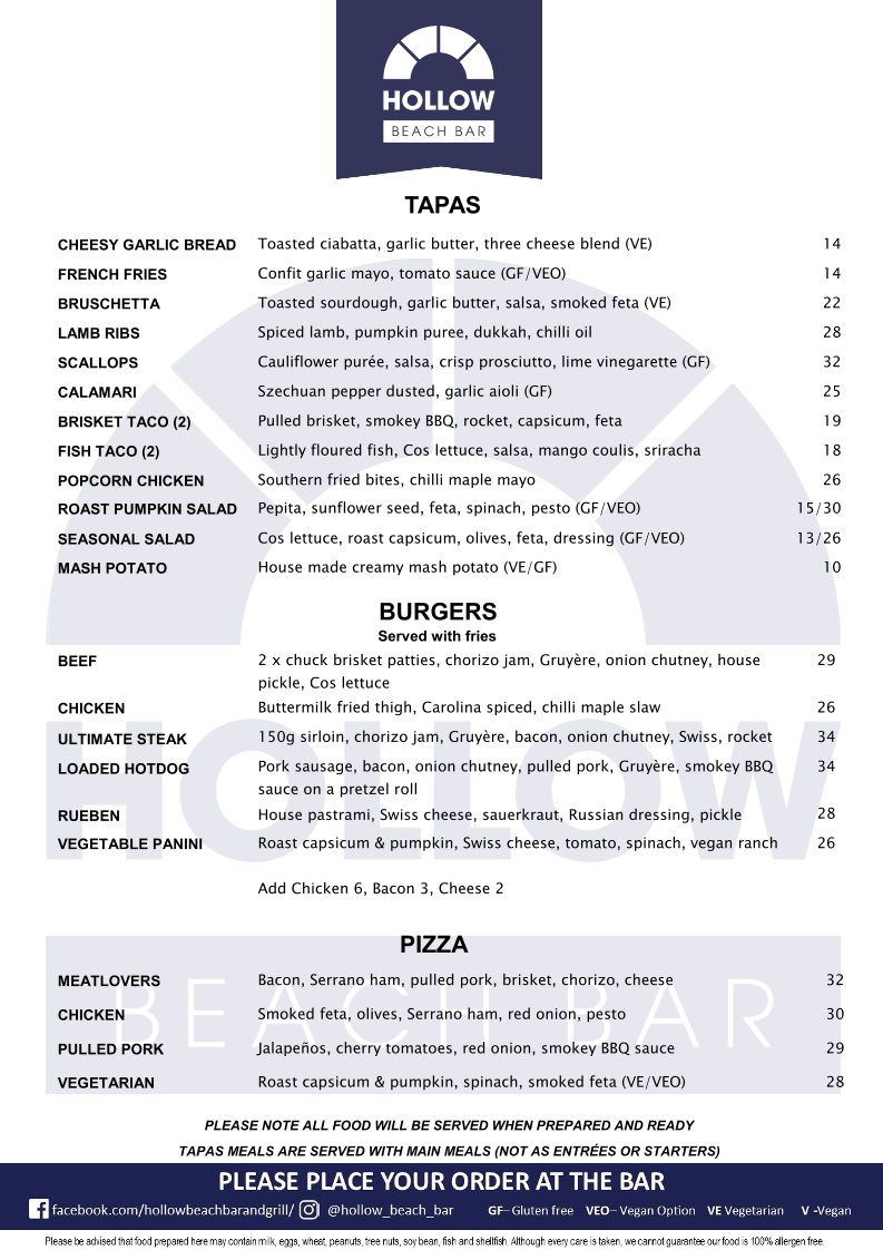 Menu, The Hollow Beach