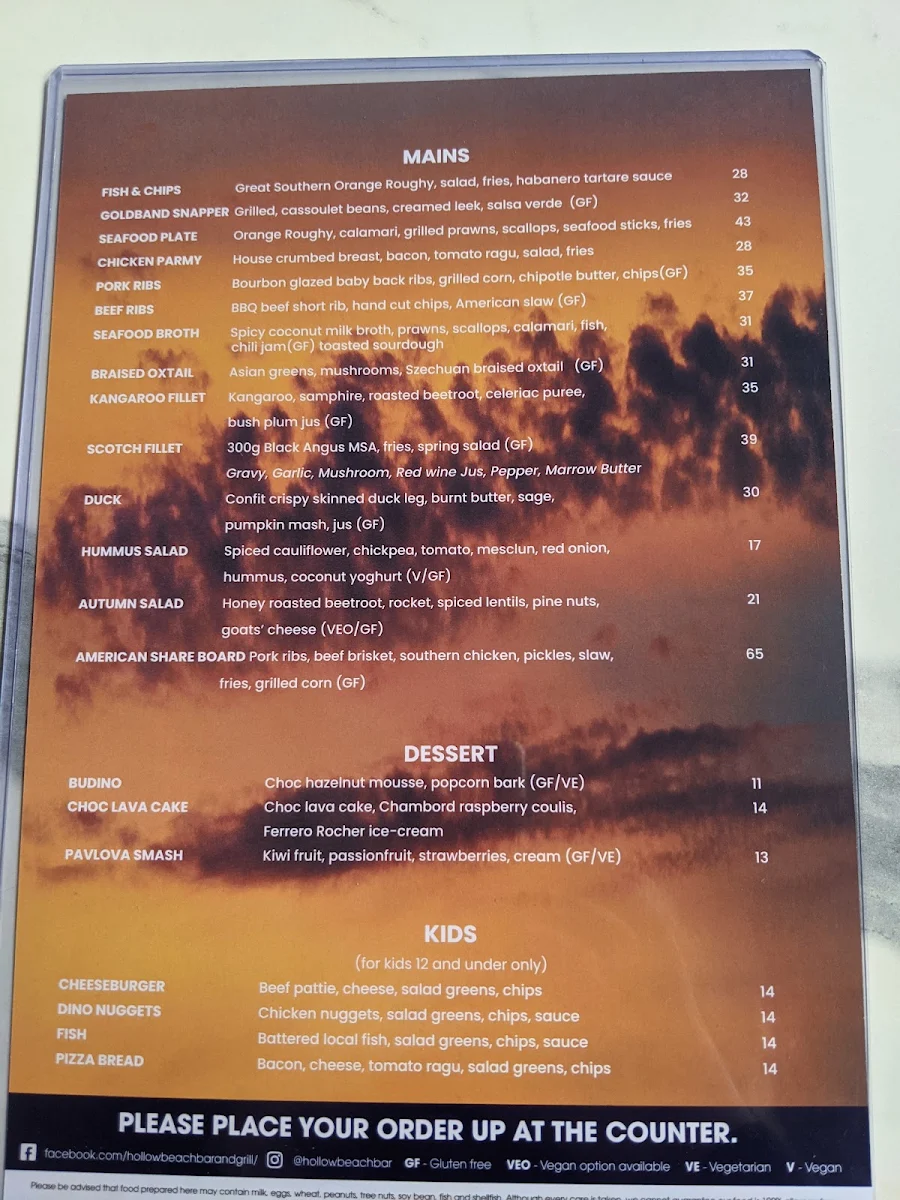 Menu, The Hollow Beach