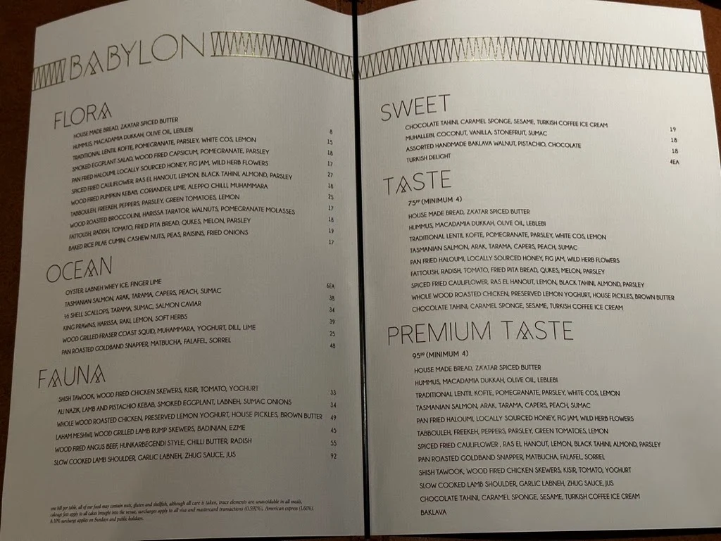 Menu, Babylon Brisbane