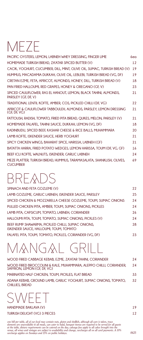 Menu, Babylon Brisbane
