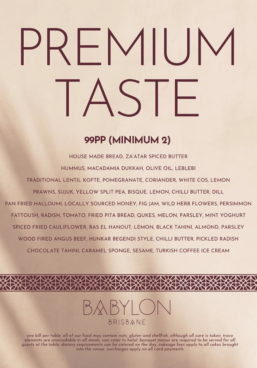 Menu, Babylon Brisbane
