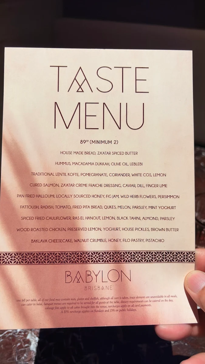 Menu, Babylon Brisbane