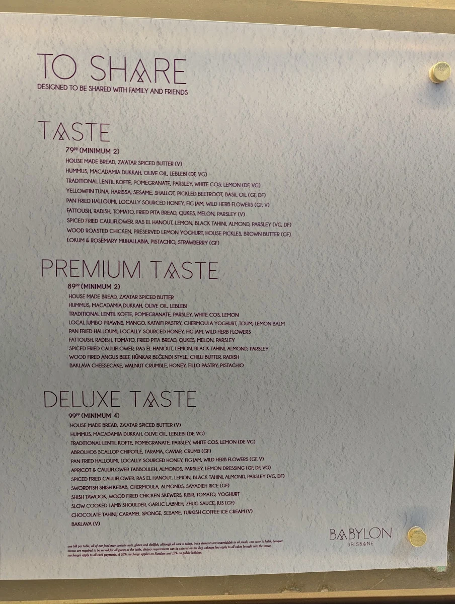 Menu, Babylon Brisbane
