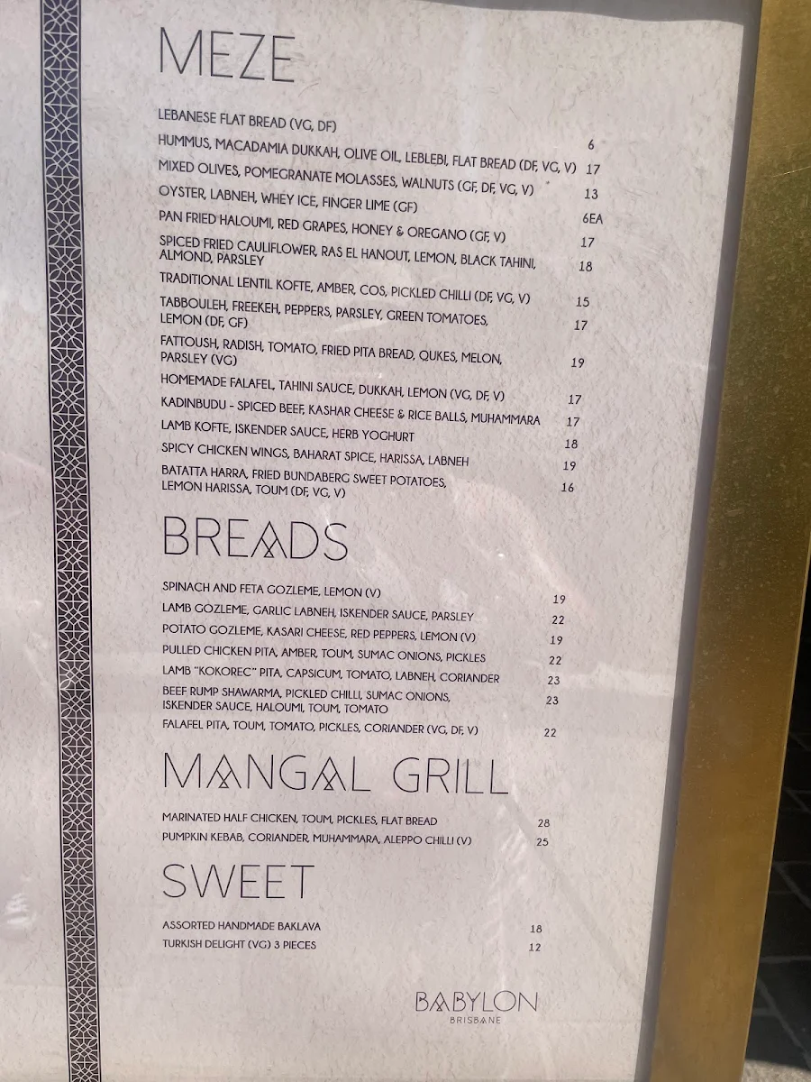 Menu, Babylon Brisbane