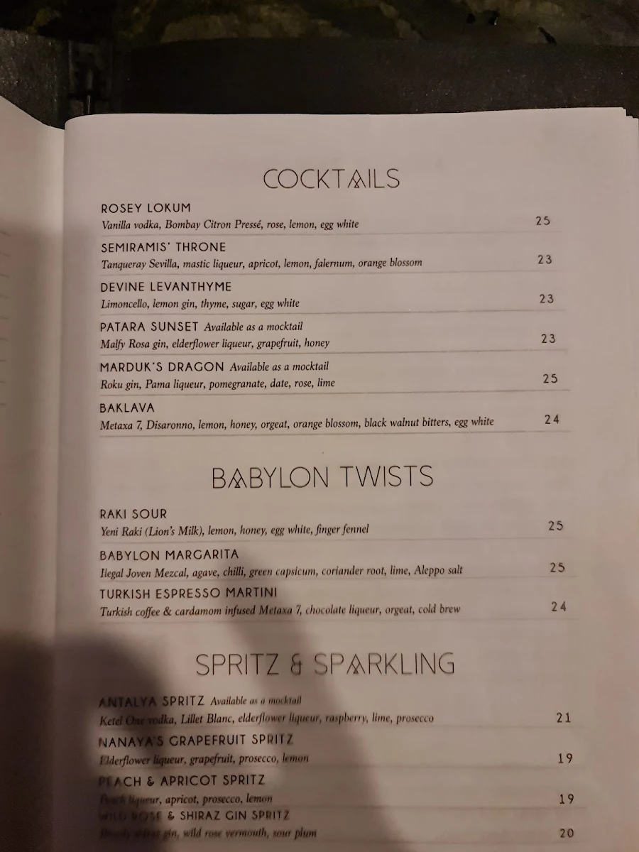 Menu, Babylon Brisbane